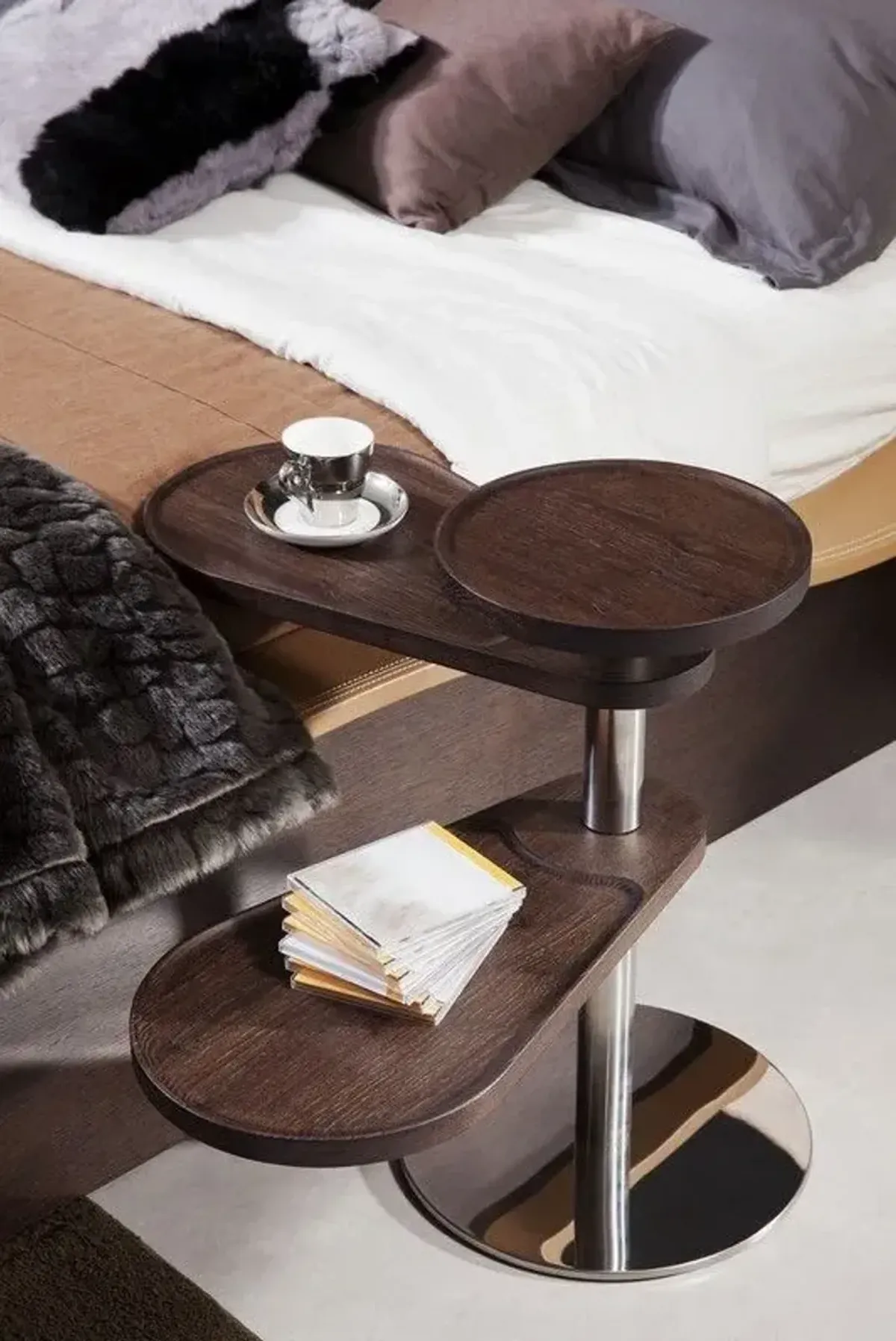 Oak Veneer And Stainless Steel End Table - Brown