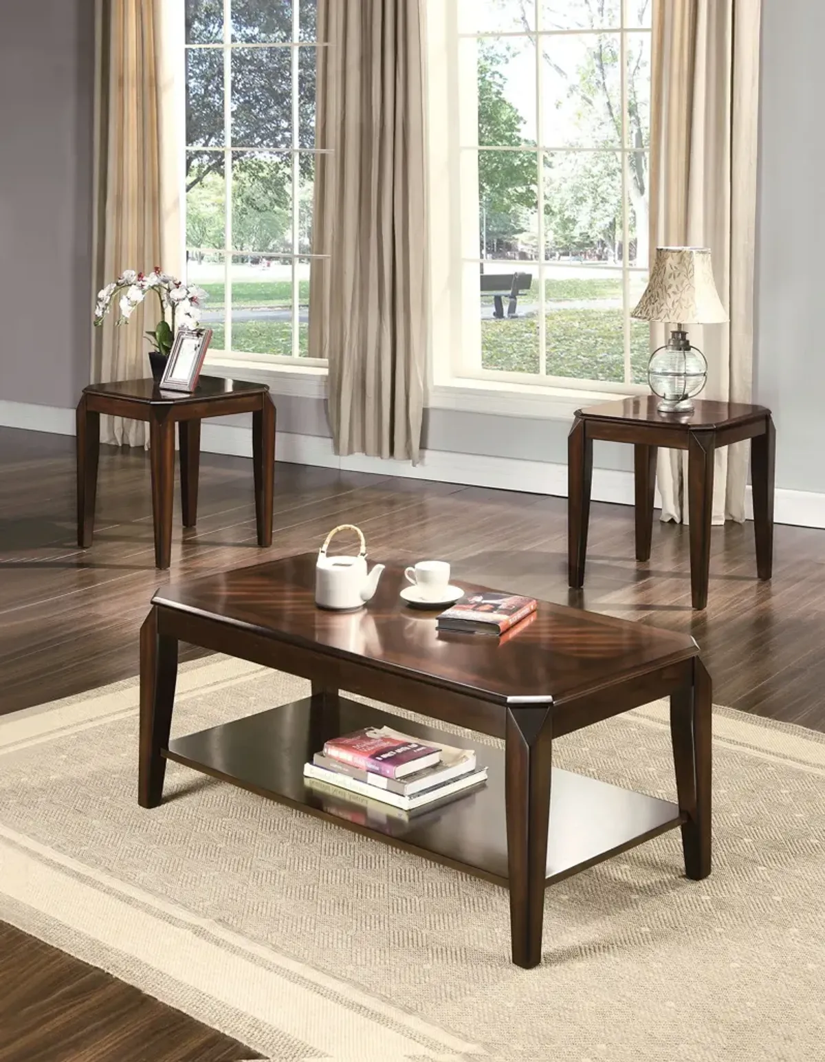 Solid Wood Coffee Table With Shelf And End Tables (Set of 3) - Brown