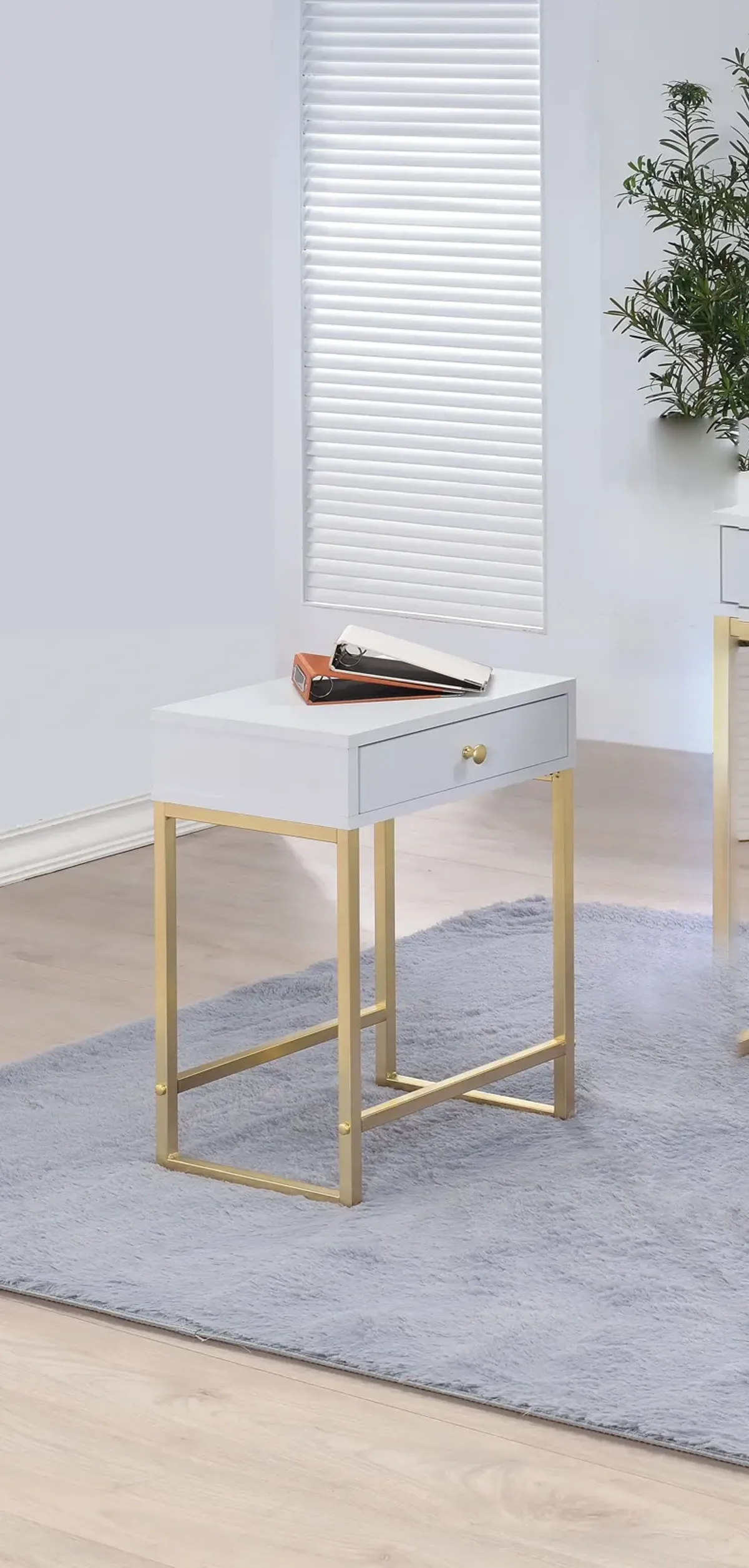 Solid Wood End Table With Drawer - Gold And White