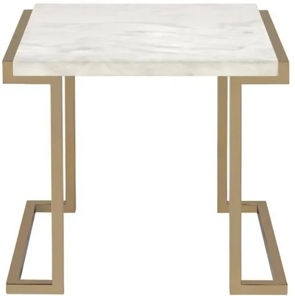 Faux Marble And Stainless Steel End Table - Gold And White
