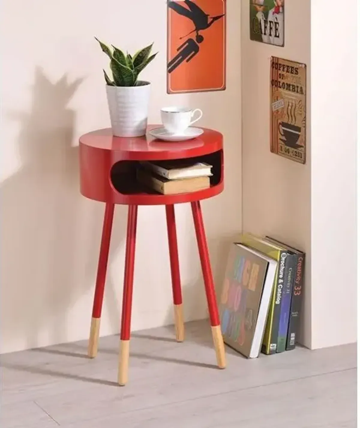 Bentwood Retro Round Wooden End Table - Red