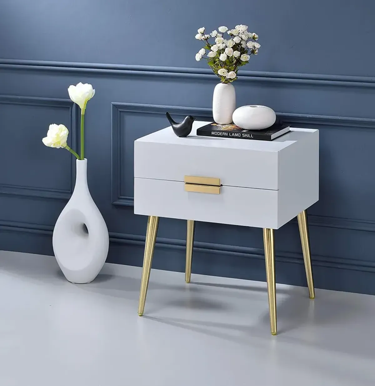 24" End Table With Two Drawers - Gold And White