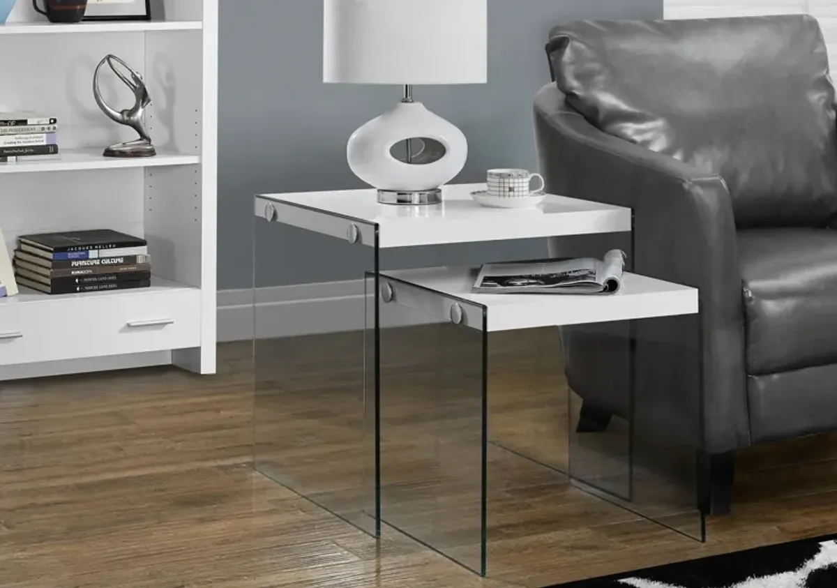 Particle Board And Clear Glass Two Pieces Nesting Table Set - Clear / Glossy White