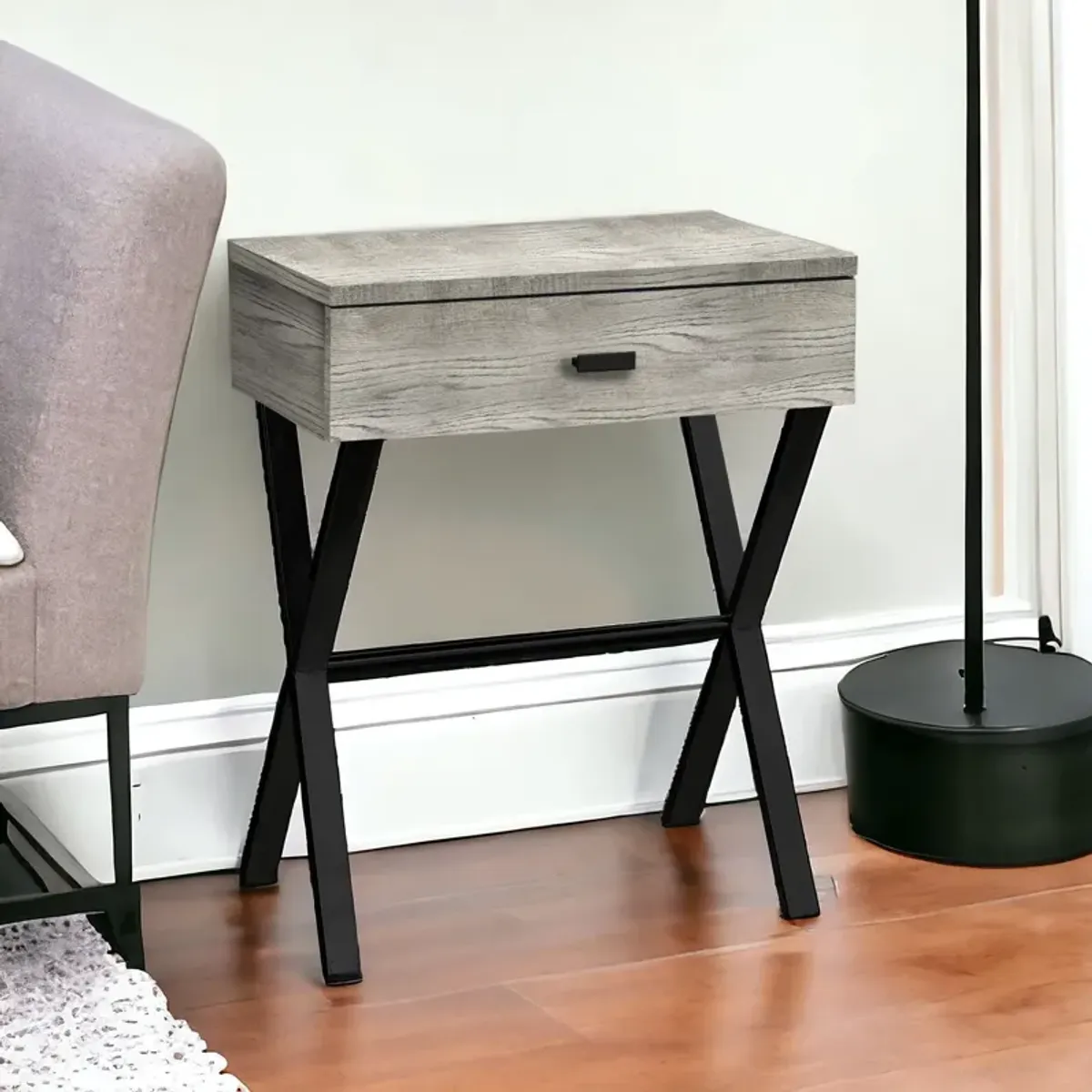 22" Wood And Metal End Table With Drawer - Black And Gray