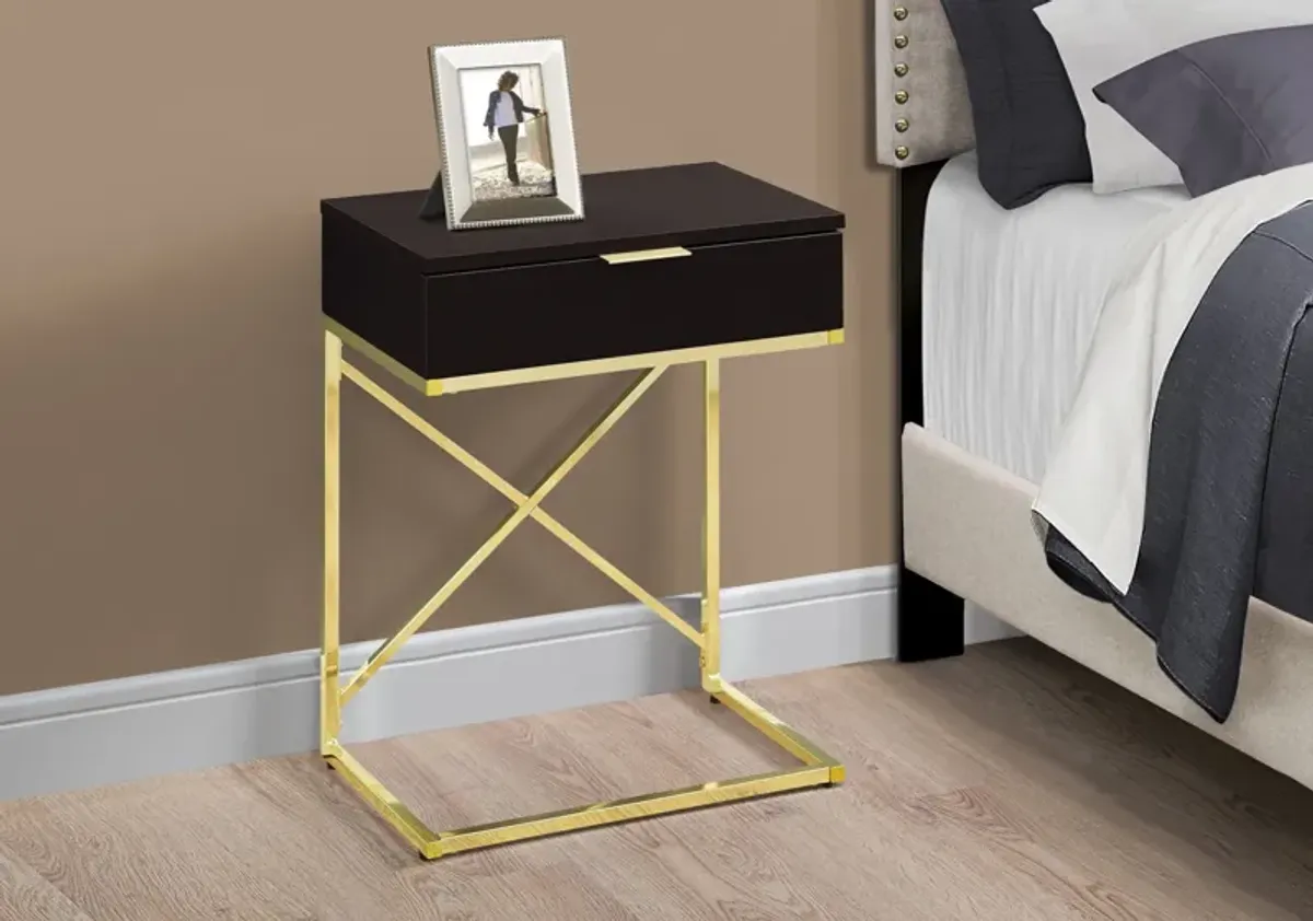 Wood And Metal End Table With Drawer - Gold And Black