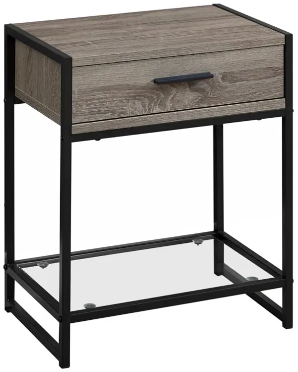 Taupe Glass And Metal End Table With Drawer And Shelf - Black And Deep