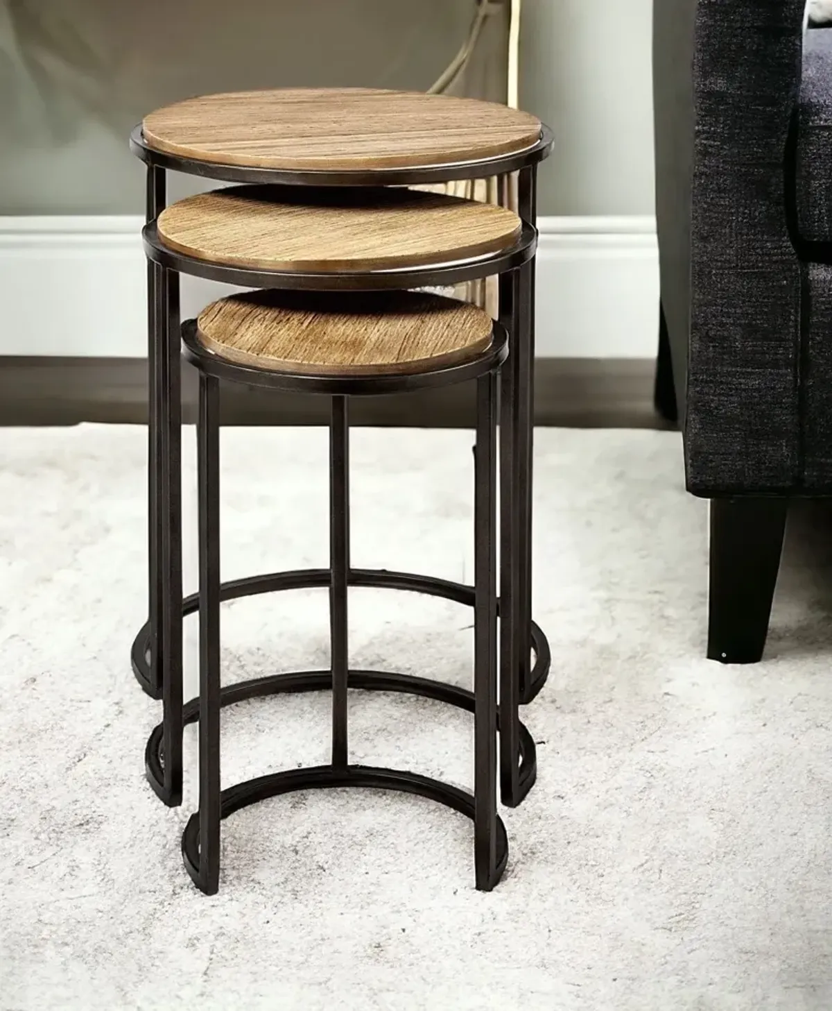Solid Wood Round End Table (Set of 3) - Black And Brown