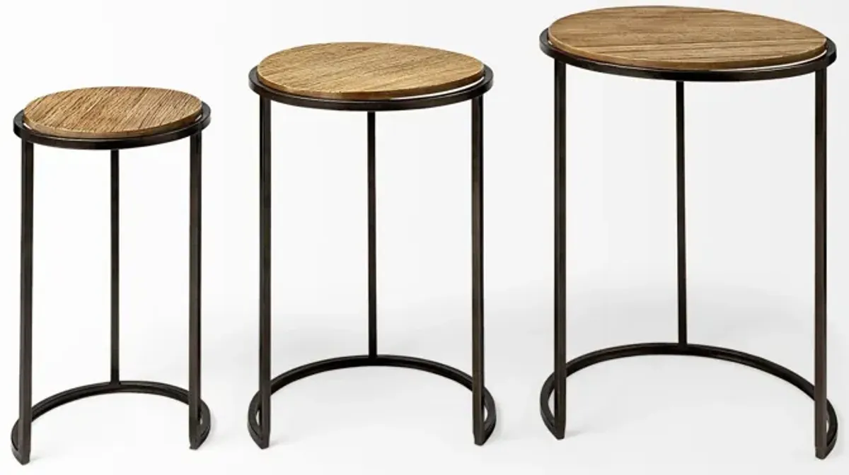 Solid Wood Round End Table (Set of 3) - Black And Brown