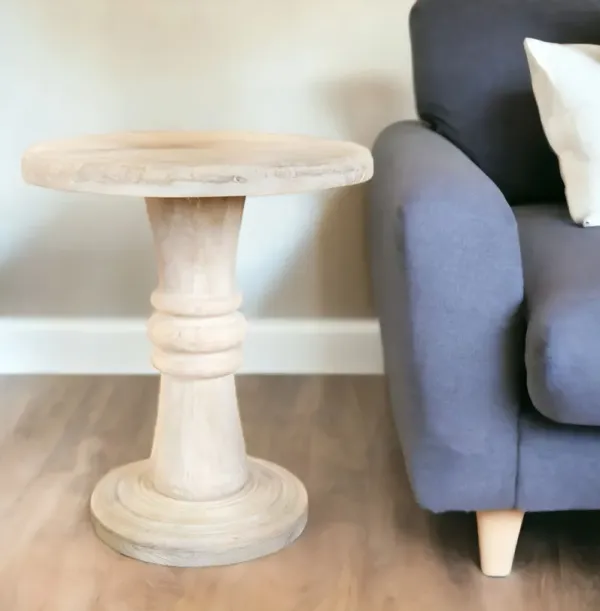 28" Distressed Solid Wood Round End Table - Beige