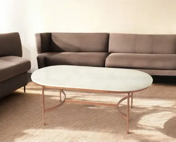 Genuine Marble And Metal Oval Coffee Table - White And Copper