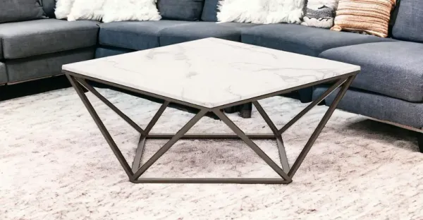 Faux Marble And Steel Square Coffee Table - White