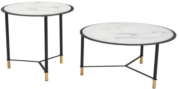 Glass Faux Marble And Steel Round Bunching Coffee Tables (Set of 2) - White And Black