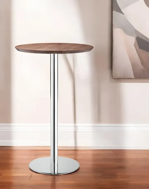 Round Stainless Steel Pedestal Bar Table - Brown And Silver
