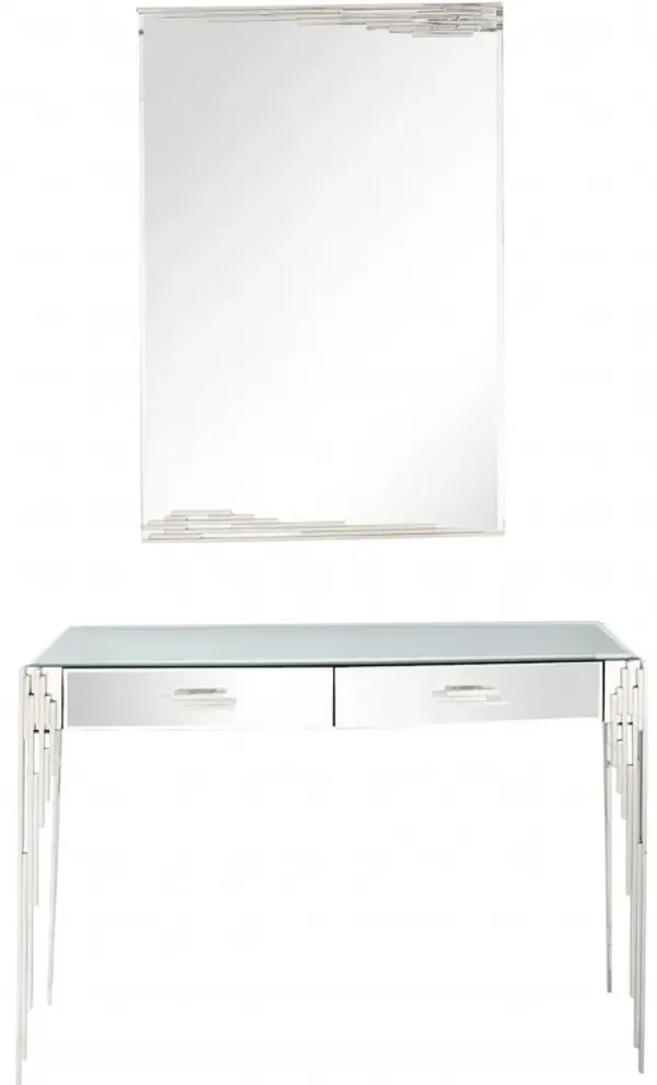 Rectangular Striped Falling Mirror And Console Table - Silver