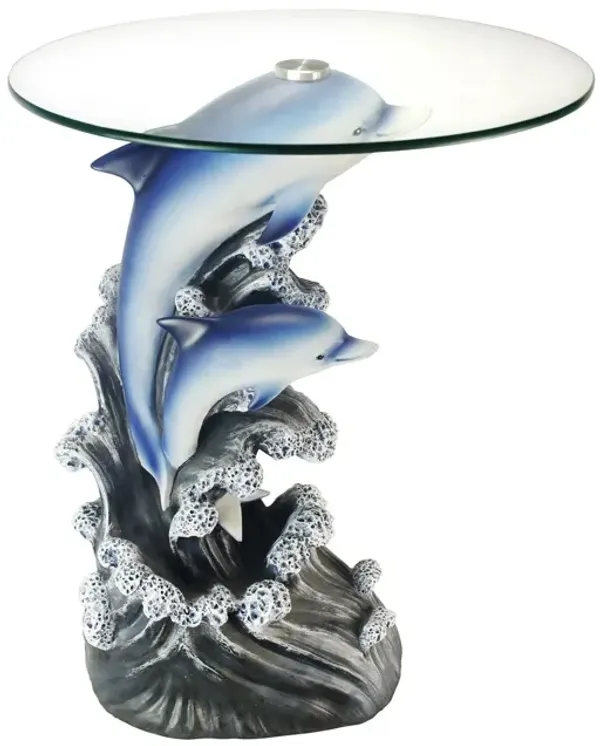 Glass Round End Table - Blue And Clear