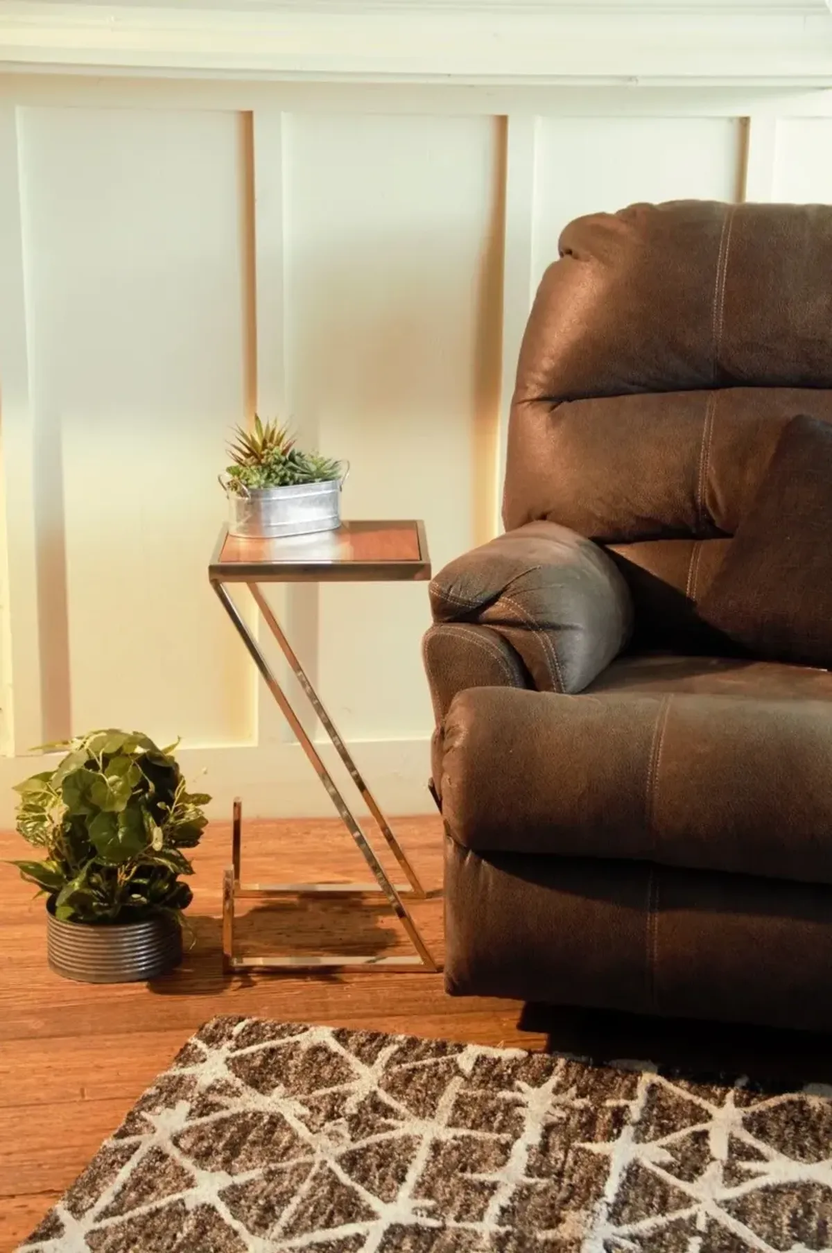 Stylish Asymmetrical Wood And Metal Z Shaped Side Table - Brown Natural