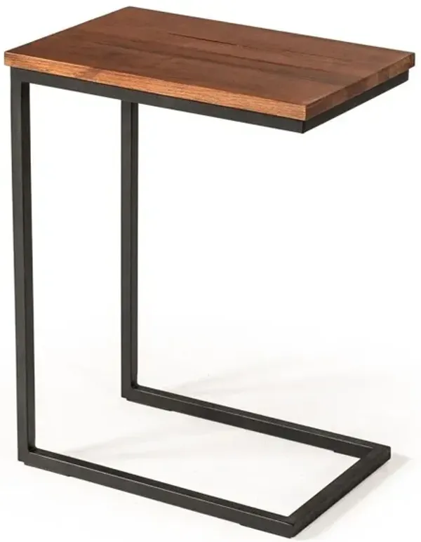 Modern Rustic Aged Oak Wood And Metal C Shape Snack Table - Brown