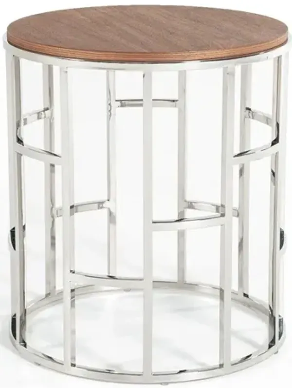 Stylish Round Geometric End Or Side Table - Silver And Walnut