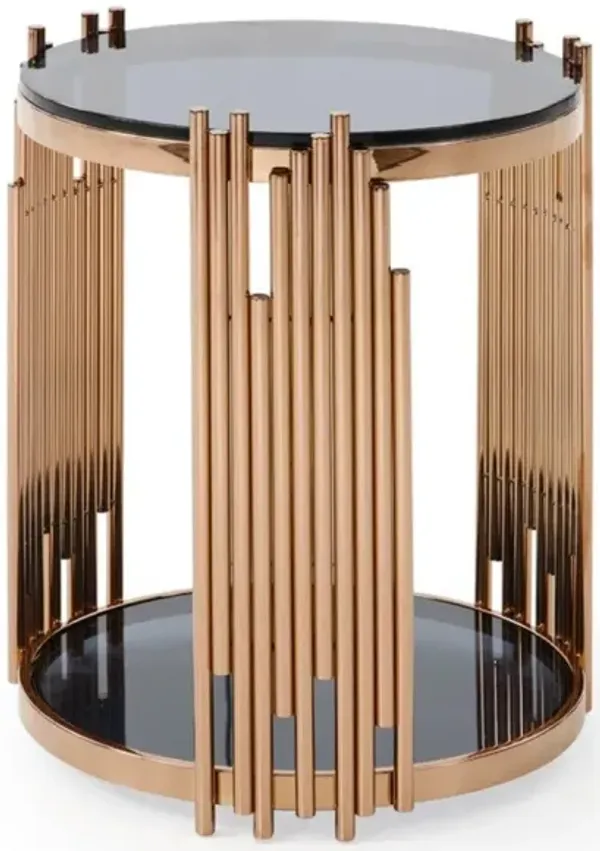 Glass And Stainless Steel Round End Table With Shelf - Rosegold And Black
