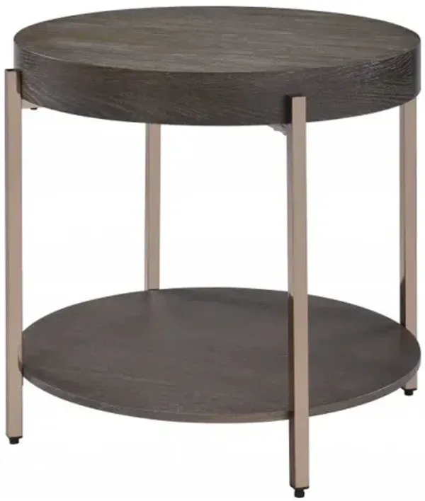 Metal And Dark Oak Manufactured Wood Round Two Tier End Table - Champagne
