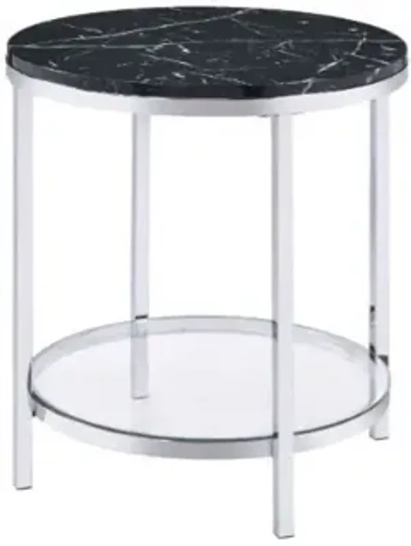 Faux Marble And Metal Round End Table With Shelf - Chrome And Black
