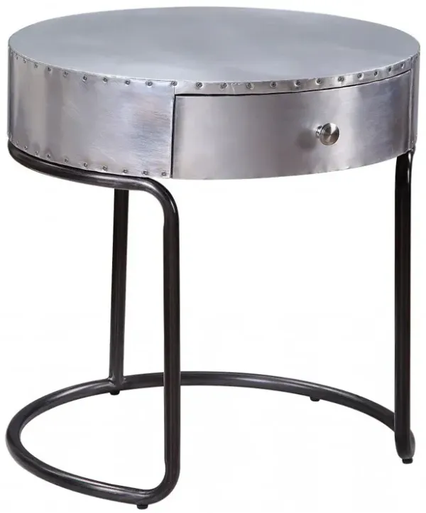 Aluminum And Manufactured Wood Round End Table With Drawer - Silver