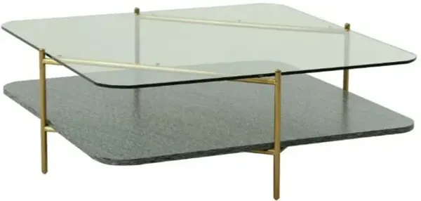 Glass Square Coffee Table With Shelf - Gold And Clear
