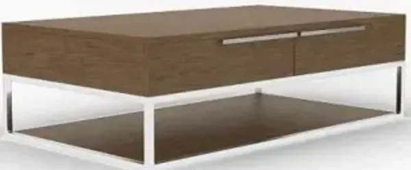 Rectangular Coffee Table With Two Drawers And Shelf - Silver And Walnut