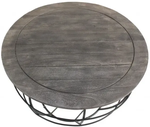 Wash Solid Wood And Cast Iron Round Distressed Coffee Table - Gray