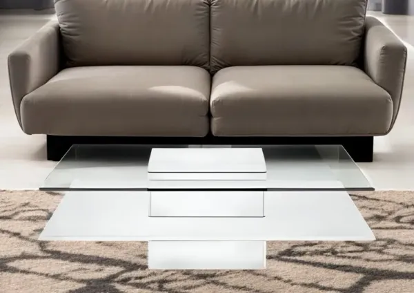 Glass Square Coffee Table With Shelf - White And Clear
