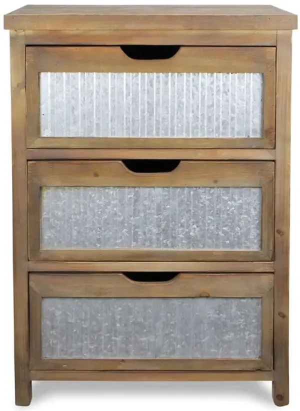 Wood And Galvanized Metal End Table With Three Drawers - Rustic Brown