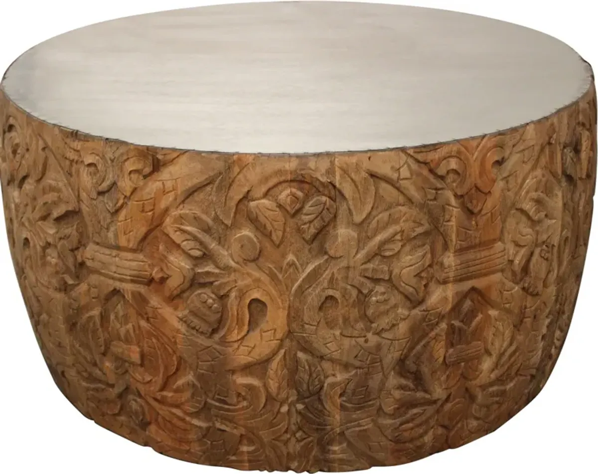 Iron And Solid Wood Round Coffee Table - White And Natural