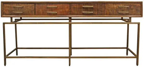 72" Solid Wood Distressed Frame Console Table With Storage - Brown And Brass