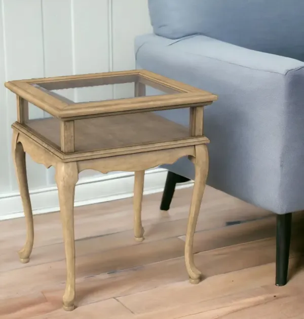 Distressed Glass And Solid Wood End Table - Light Brown