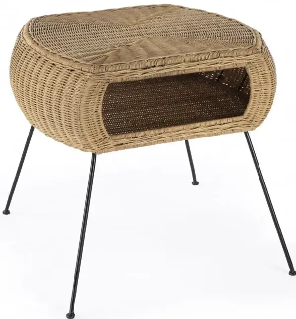 Distressed Rattan And Iron Round End Table With Shelf - Black And Brown