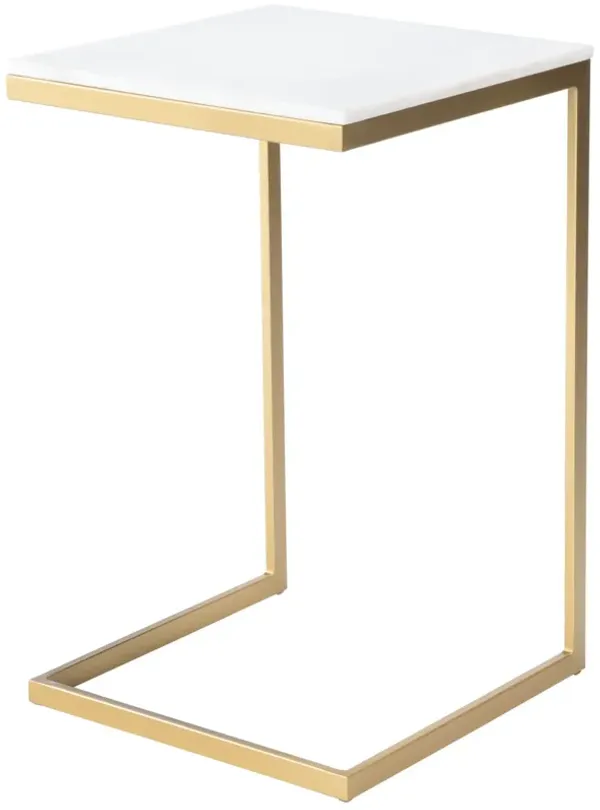 Marble Square C Shape End Table - Antique Gold And White