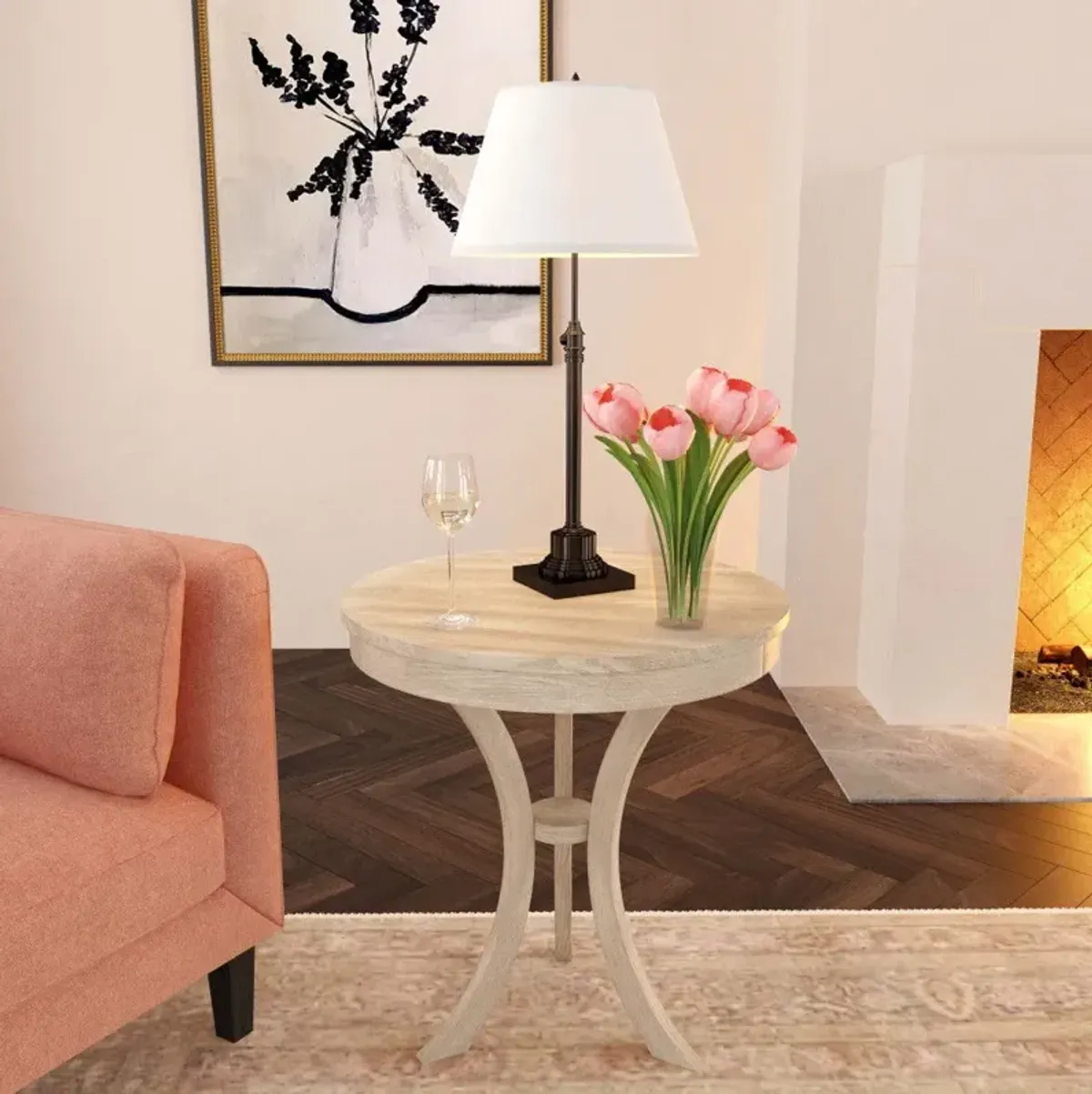 Distressed Round Three Leg End Table - Light Brown