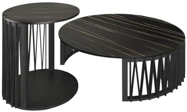 Marble And Solid Wood Round Nested Coffee Tables - Black