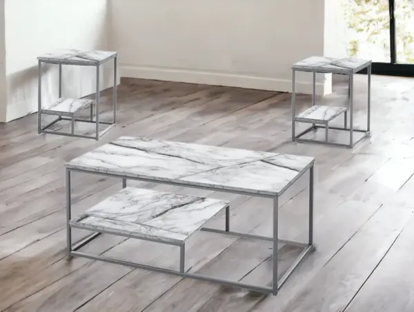 Metal Coffee Table With Shelf (Set of 3) - Pearl Silver