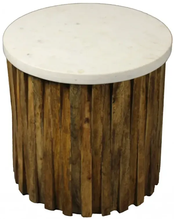 Marble And Solid Wood Round End Table - Brown And Ivory