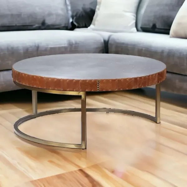 Leather And Metal Round Coffee Table - Brown And Silver
