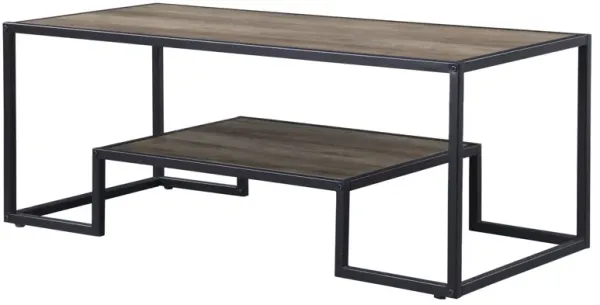 Paper Veneer And Metal Rectangular Coffee Table With Shelf - Black And Rustic Oak
