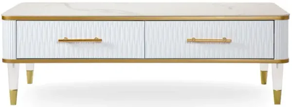 Gold And Faux Stone Rectangular Coffee Table With Drawer - White