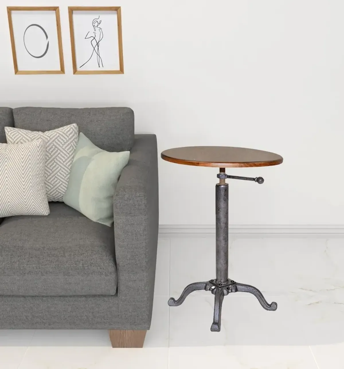 Industrial Solid Wood Round End Table - Chestnut