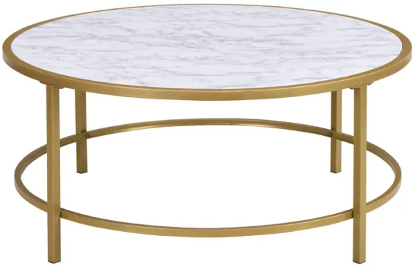 Faux Marble And Metal Round Coffee Table - White And Gold