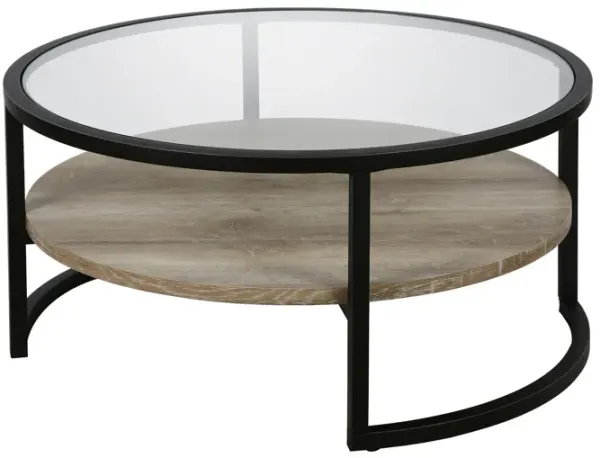 34" x 34" x 17" Glass And Steel Round Coffee Table With Shelf - Black