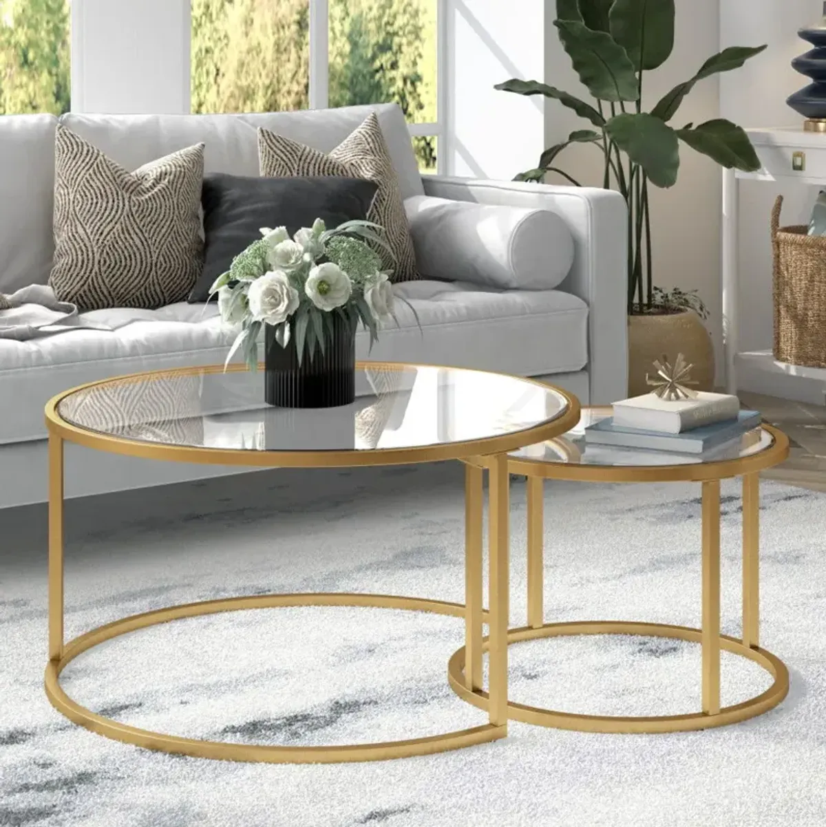 35" Glass And Steel Round Nested Coffee Tables (Set of 2) - Gold