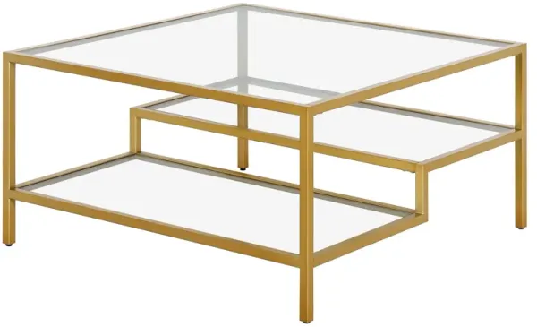 32" Glass And Steel Square Coffee Table With Two Shelves - Gold