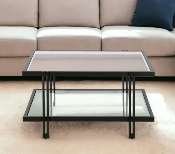 Glass And Steel Square Coffee Table With Shelf - Clear And Black