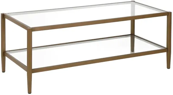 Glass And Metal Coffee Table With Shelf - Clear And Antiqued Brass